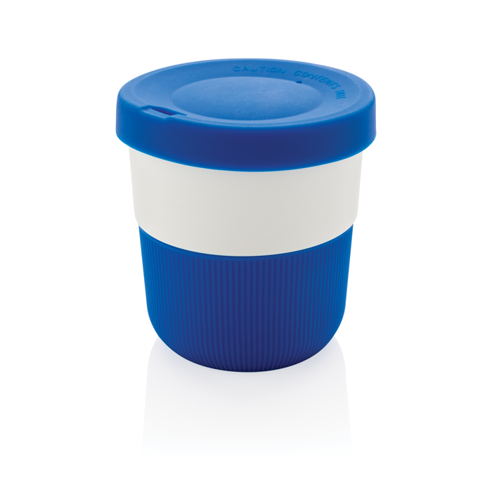 Eco takeaway cups with logo, grip and lid, 280 ml