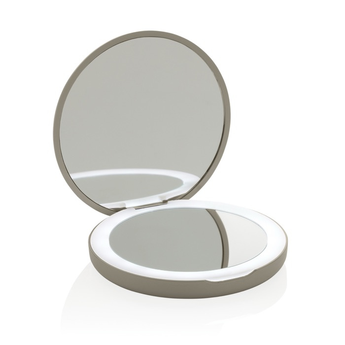 Recycled plastic pocket mirror, magnification, LED light