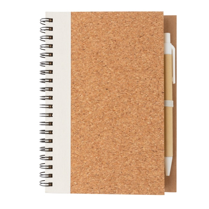 Spiral notebook with cork cover and ruled pages