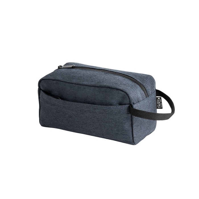 Recycled toiletry bag with front pocket and handle
