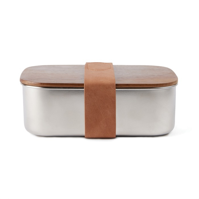 Recycled stainless steel lunchbox with wooden lid and strap