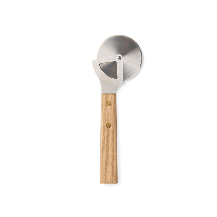 Stainless steel pizza cutter with wooden handle