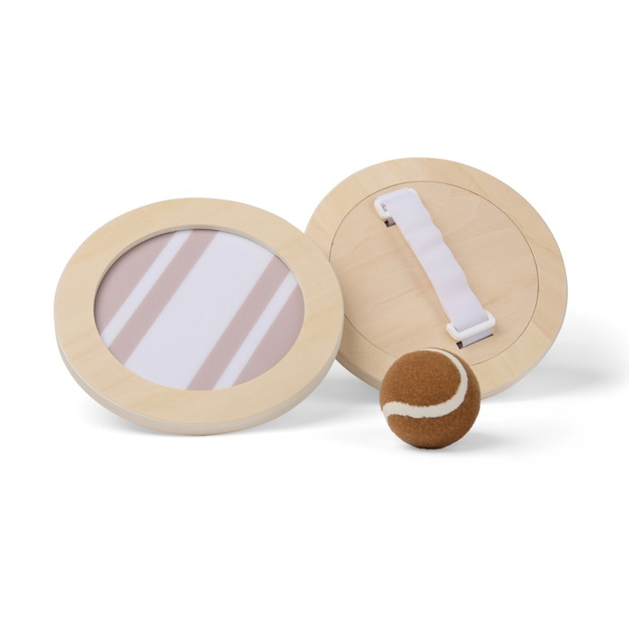 Wooden paddle and ball game with velcro, includes carry bag