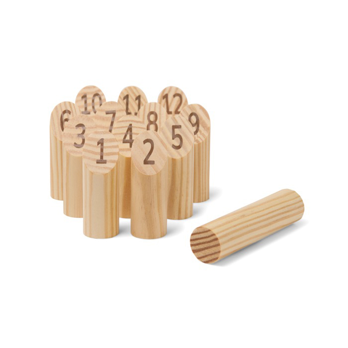 Mini numbered skittle game with 12 pins and 1 throwing pin