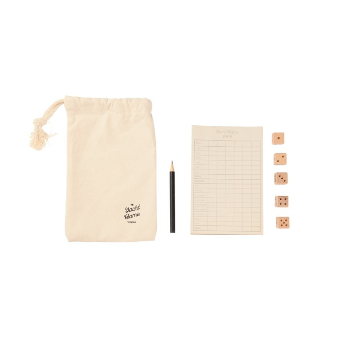 Yacht dice set, pine wood, notepad, pen, pouch