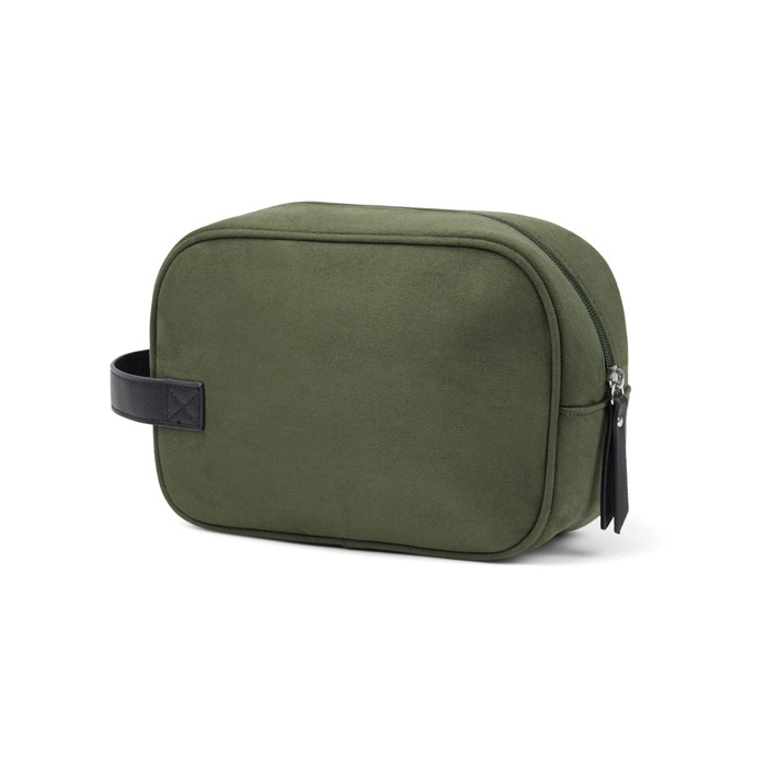 Soft-touch recycled polyester toiletry bag with side handle