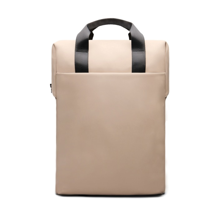 Recycled backpack, front pocket, travel strap, 16"