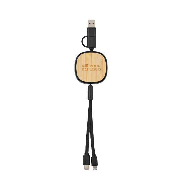 Double retractable 3-in-1 bamboo charging cable, 1 m long