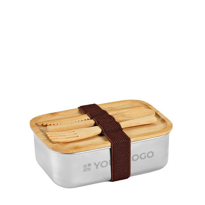 Recycled steel lunch box with bamboo lid and cutlery 490ml