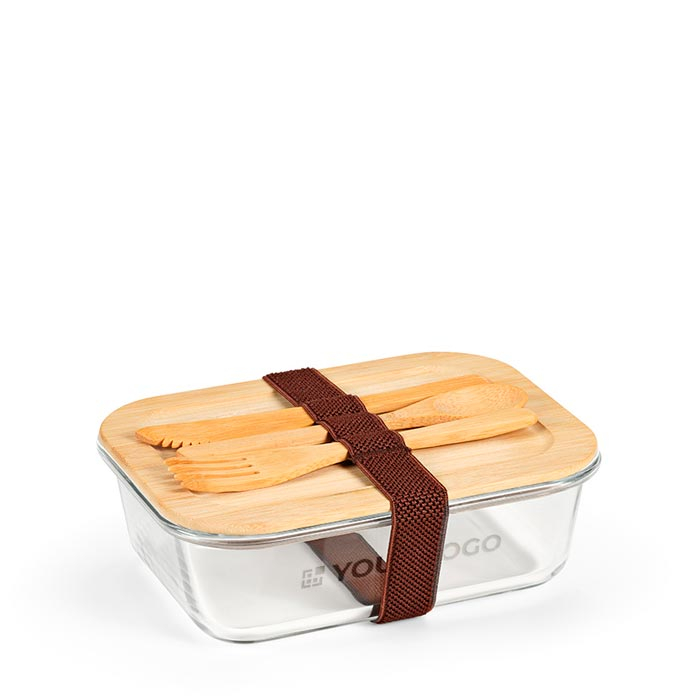 Glass and bamboo lunch box with cutlery and elastic band 800ml