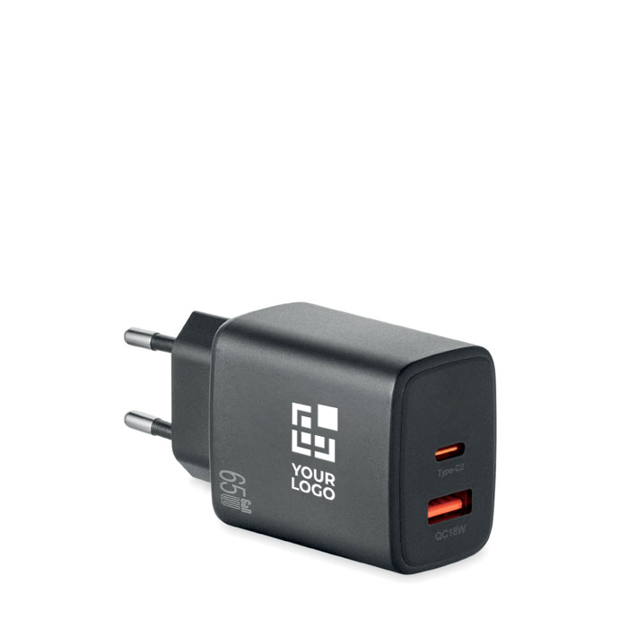 EU wall charger with USB-A and USB-C fast charging ports 65W