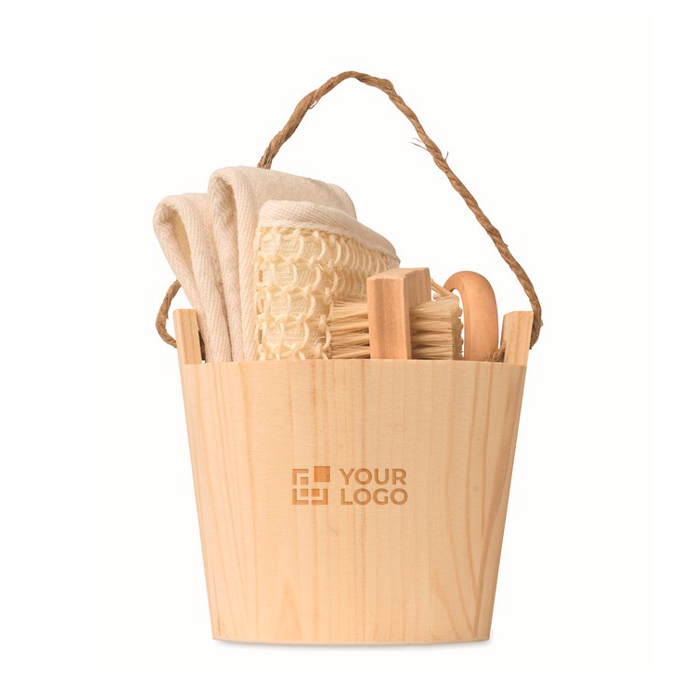 Bath set in a wooden bucket with body care accessories