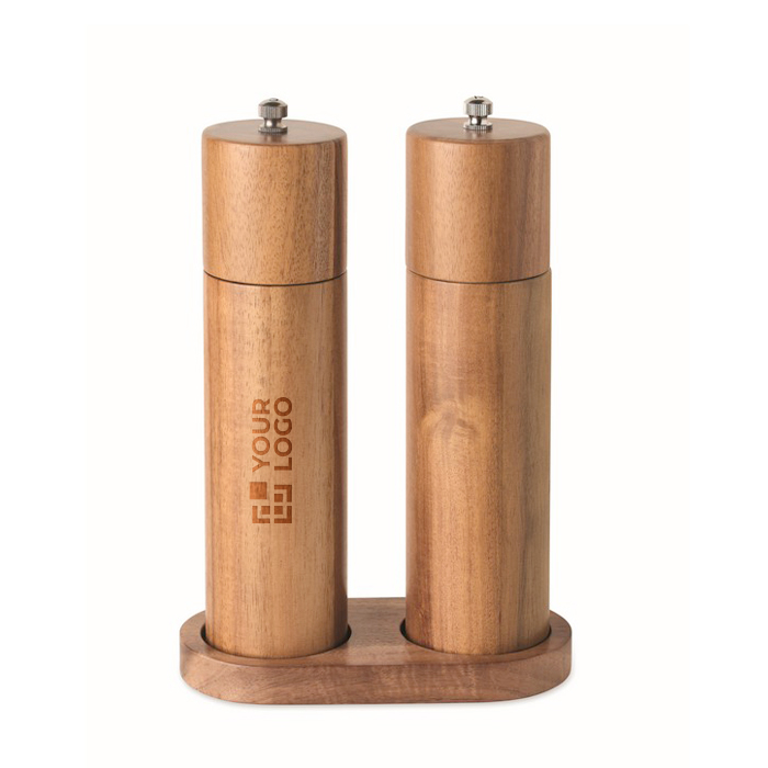 Acacia wood salt and pepper grinder set with stand