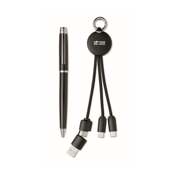 Gift set with metal pen and keyring with 2-in-1 charging cable