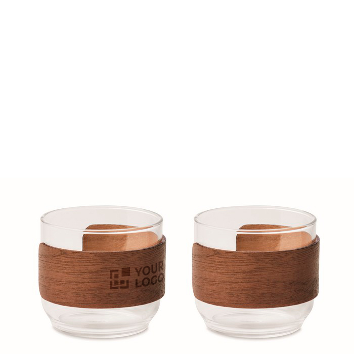 Set of 2 glass coffee cups with walnut wood band 120 ml