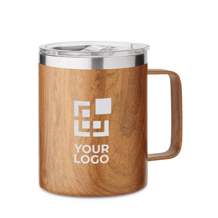 Recycled steel mug with lid and wood-effect, 300 ml
