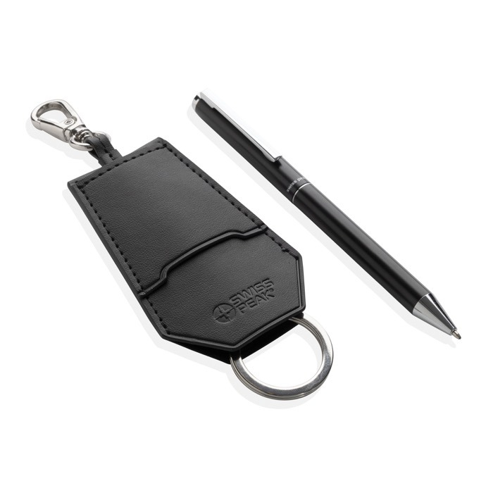 Pen and keyring gift set in synthetic leather and aluminium, blue ink