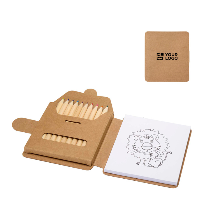 Drawing pad with coloured pencils and flap closure