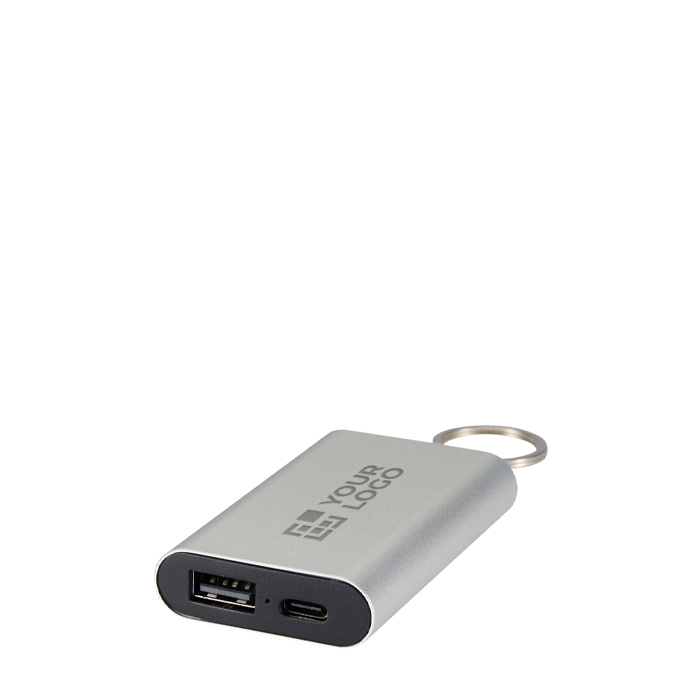Customisable recycled aluminium power bank with keyring 2,000 mAh