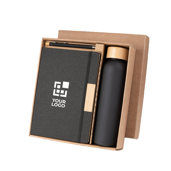 Office set with 520ml glass bottle, A5 notebook and blue-ink pen