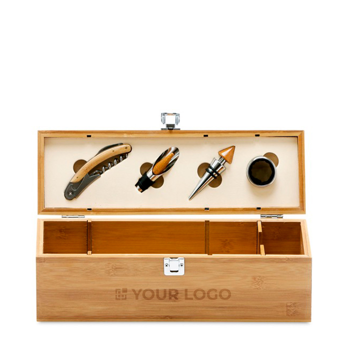Wine set in elegant bamboo and metal box