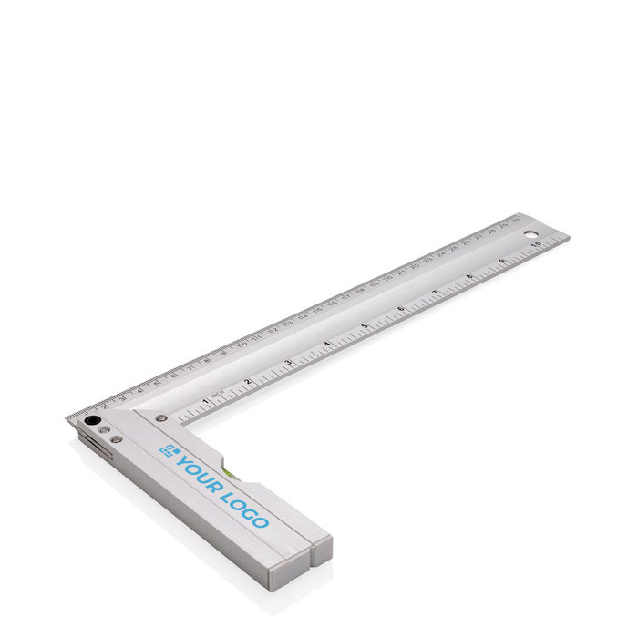 Square aluminium ruler with level, inch markings and 30 cm scale