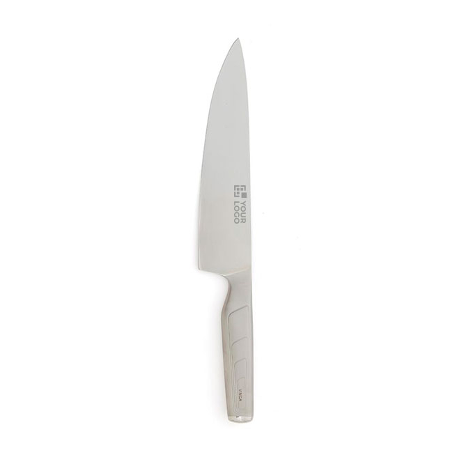 Curved Japanese steel kitchen knife with wide blade