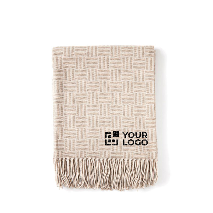 Geometric, patterned promotional blanket made of acrylic