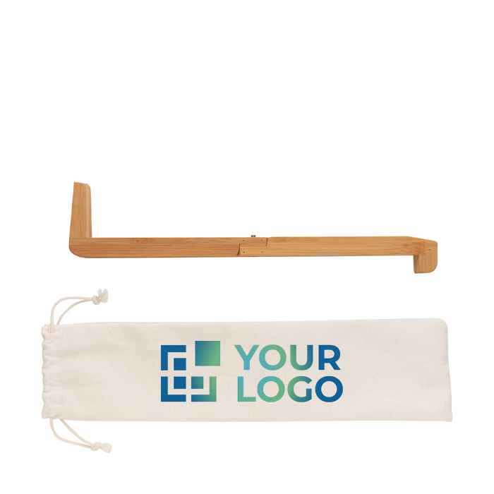 Bamboo laptop and tablet stand in individual pouch