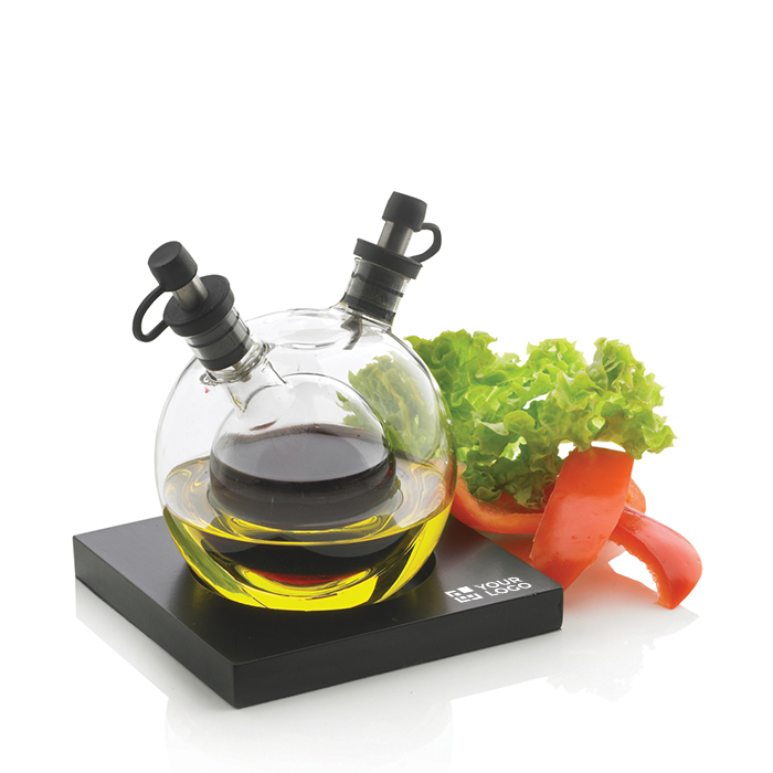 Oil and vinegar globe with black base and logo