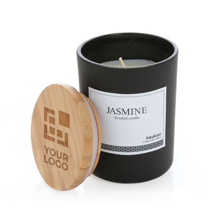 Scented candle with subtle fragrance, bamboo lid and logo