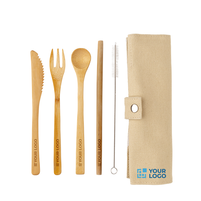 Eco bamboo cutlery set with personalised pouch