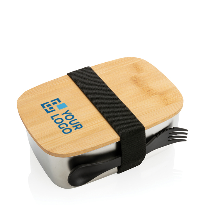 Steel lunchbox with wooden lid and cutlery set, 900 ml