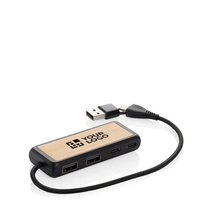 Recycled plastic and bamboo USB hub with 4 ports and dual cable