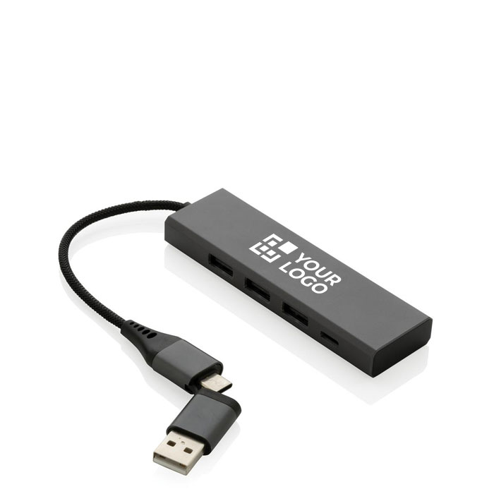 Recycled plastic USB hub with 4 ports: 3 USB, 1 type C