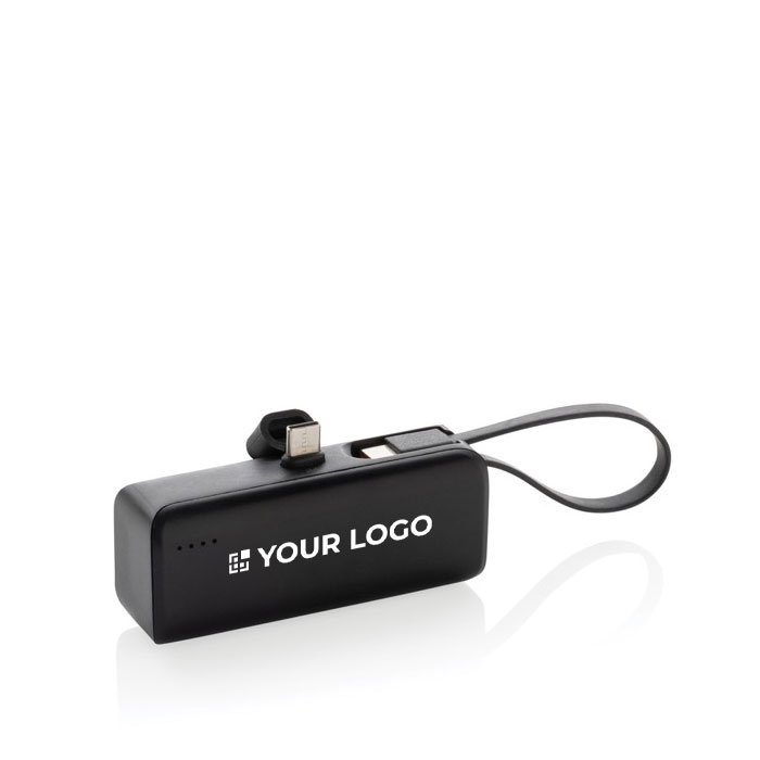Portable power bank in recycled plastic with loop cable, 3,000 mAh