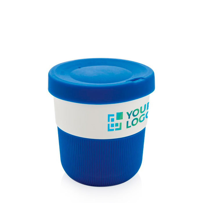 Eco takeaway cups with logo, grip and lid, 280 ml