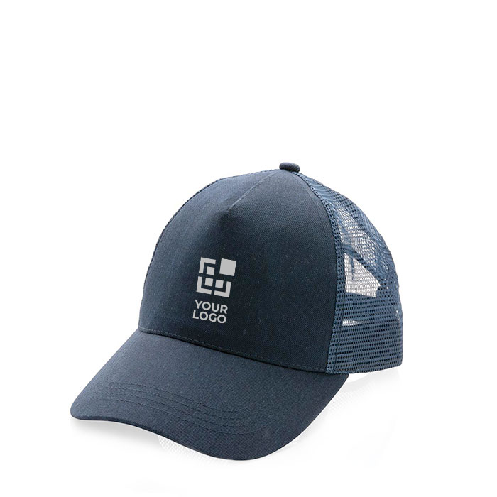 Sustainable, branded cotton trucker cap with mesh panel