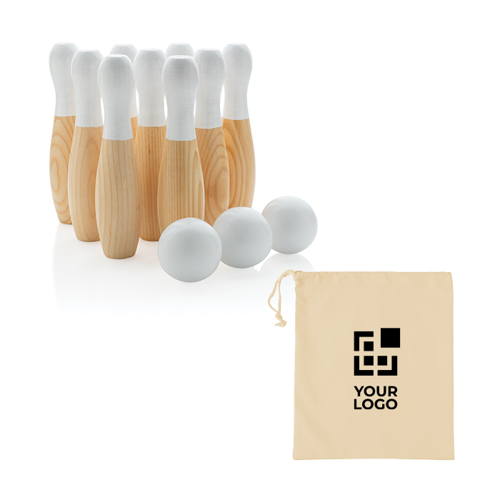Wooden skittle game with 9 pine pins in cotton bag