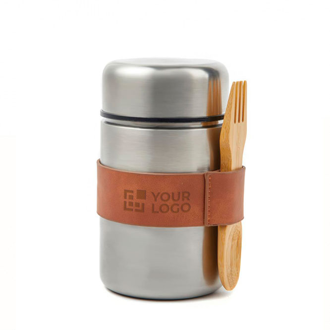 Branded steel food thermos with fork, 500 ml