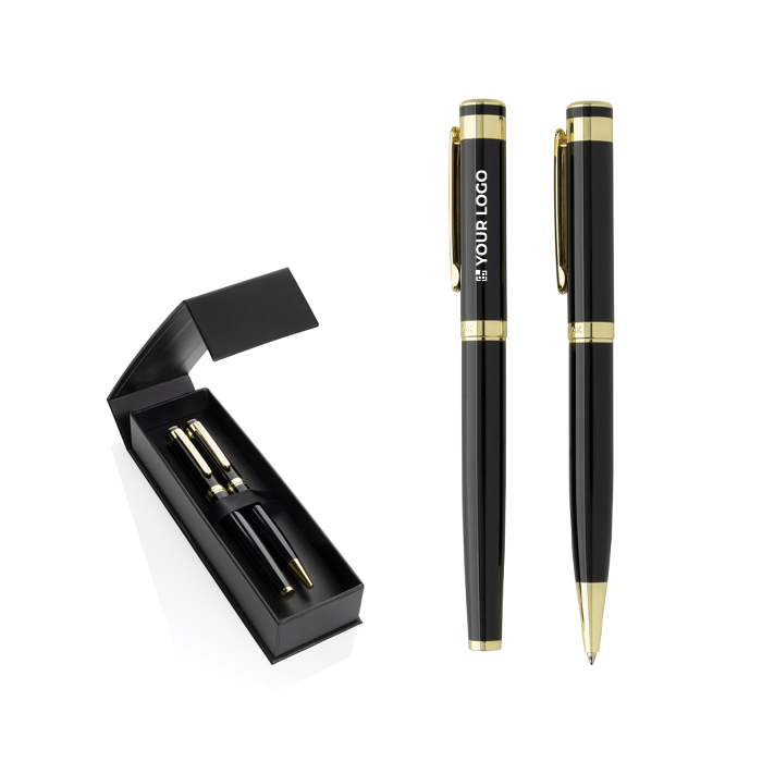 Recycled brass pen set with gold detail, blue ink