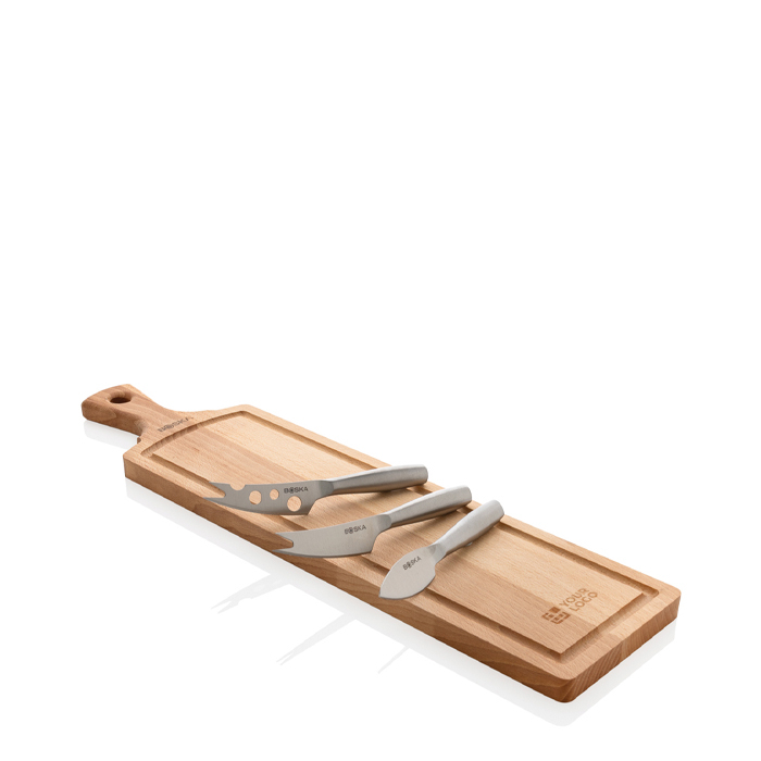 Cheese set with wooden chopping board and knives