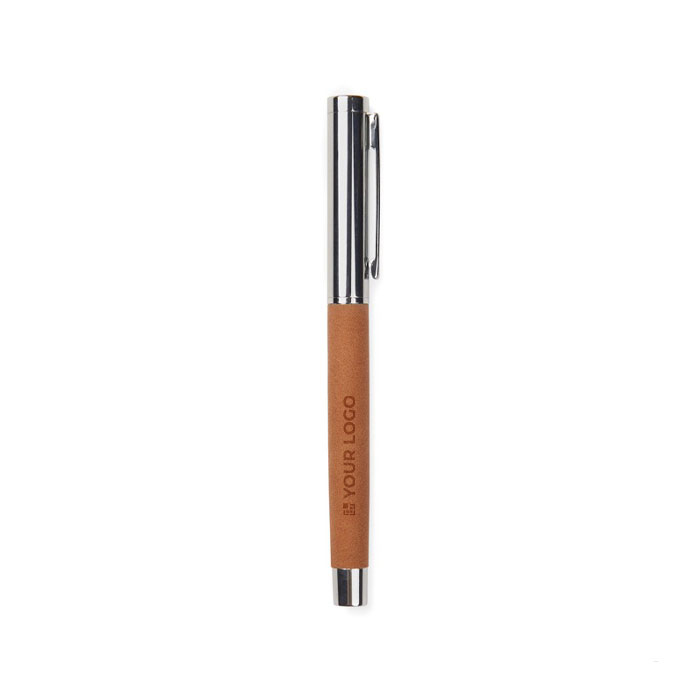 Recycled stainless steel pen with synthetic leather detail, blue ink