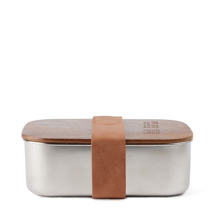 Recycled stainless steel lunchbox with wooden lid and strap