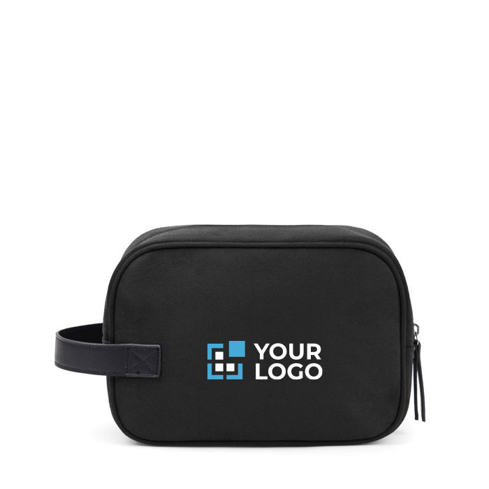 Soft-touch recycled polyester toiletry bag with side handle