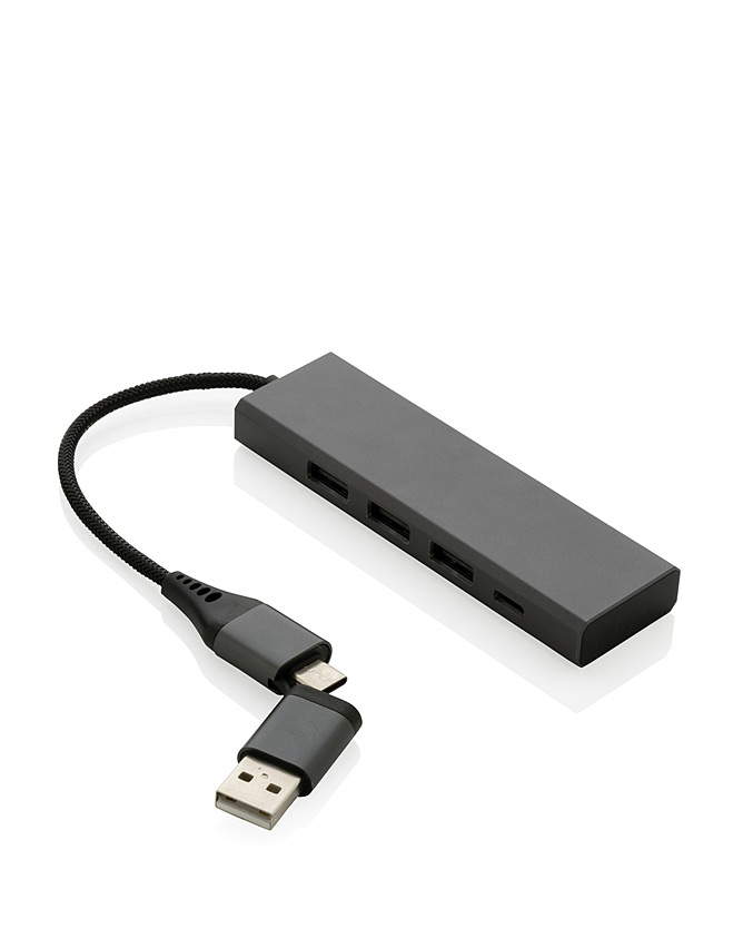 Recycled plastic USB hub with 4 ports: 3 USB, 1 type C