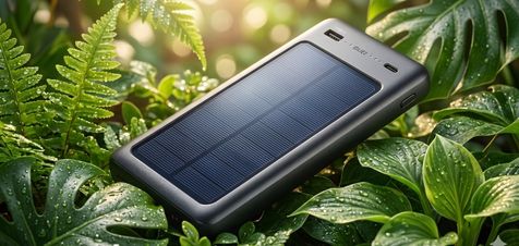 Close-up of a corporate branded solar power bank recharging amongst green plants in a forest