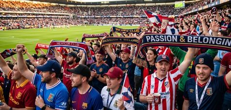 Football fans in stadium stands wearing branded corporate caps and holding up promotional team scarves