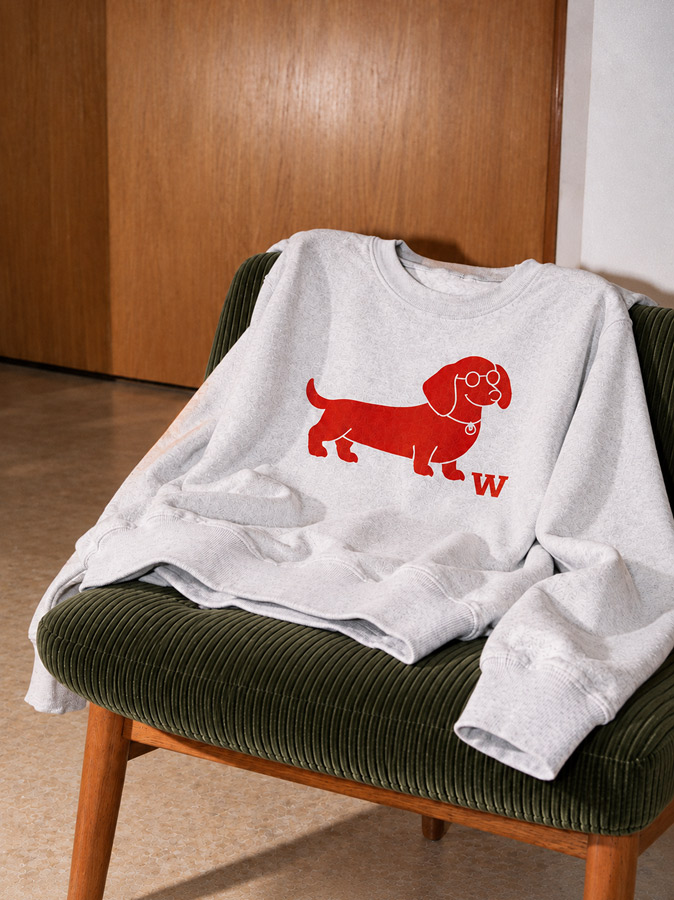 Grey sweatshirt printed with a red dog design