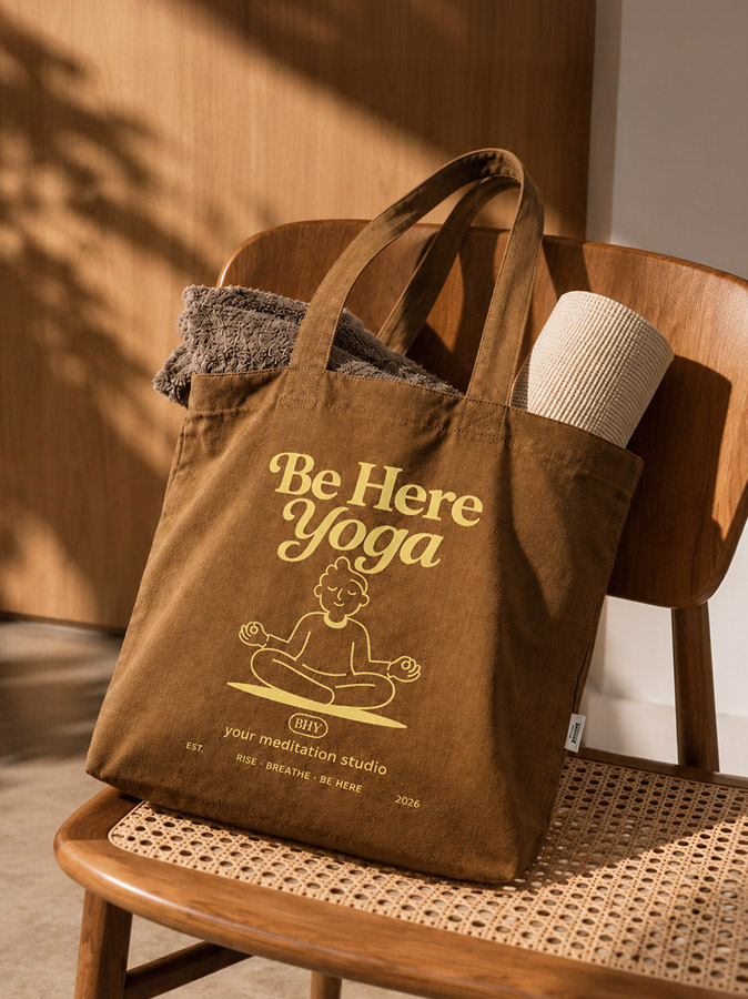 Brown tote bag printed with a yoga studio logo
